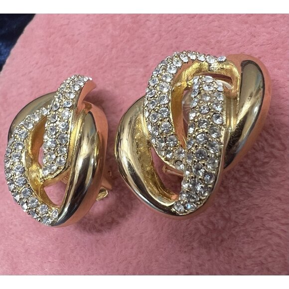 Vtg Christian Dior Earrings Signed Rhinestone Gold tone Runway Statement Clip On - Picture 4 of 11